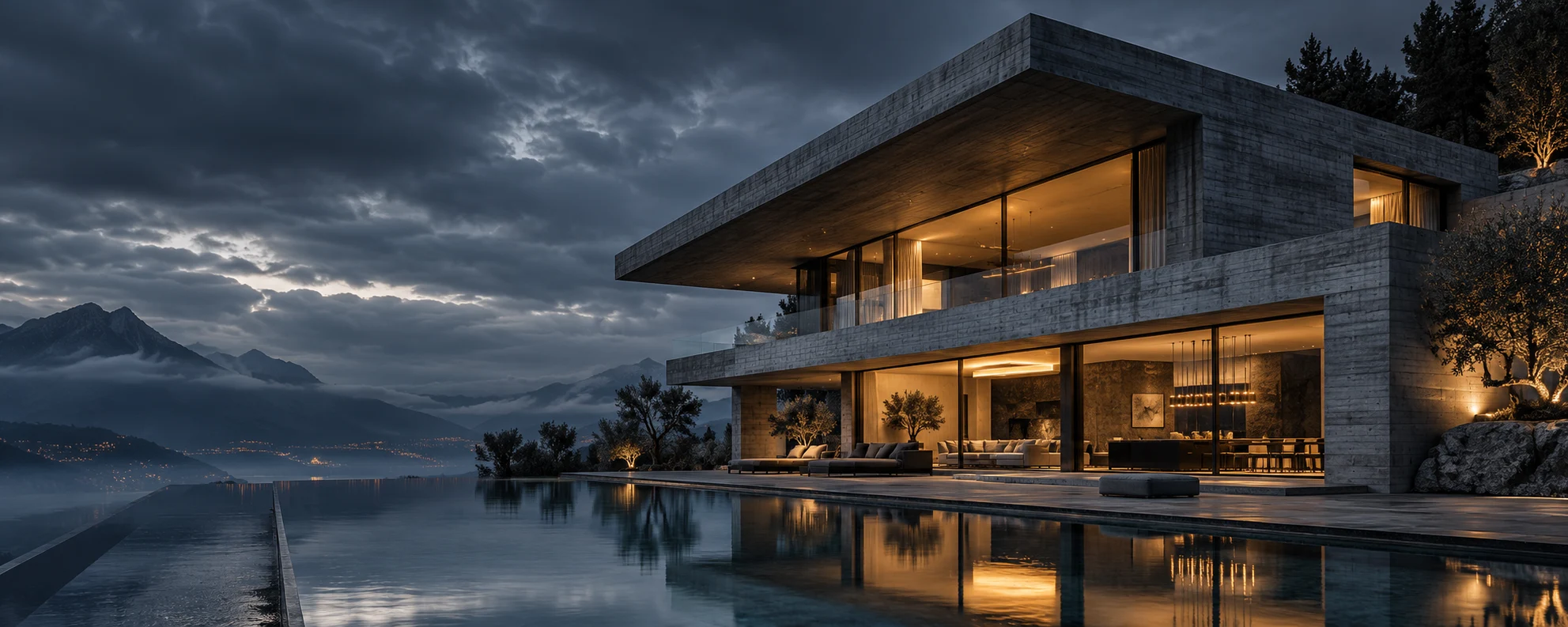 Concrete residence with glowing windows beside a reflecting pool at dusk