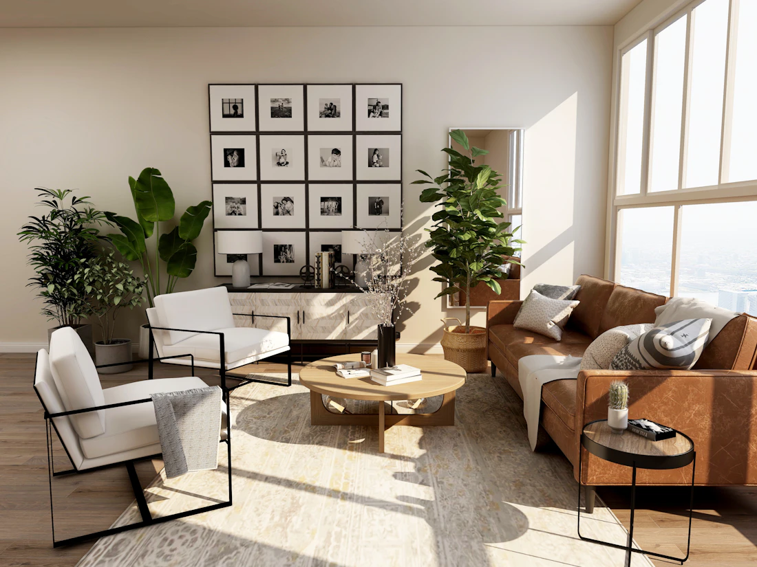 Light-filled living space with natural materials